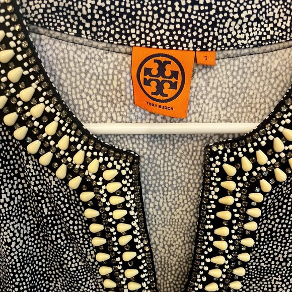 Tory Burch Blue & White Silk Beaded Print Blouse Tunic Top S - Picture 2 of 8